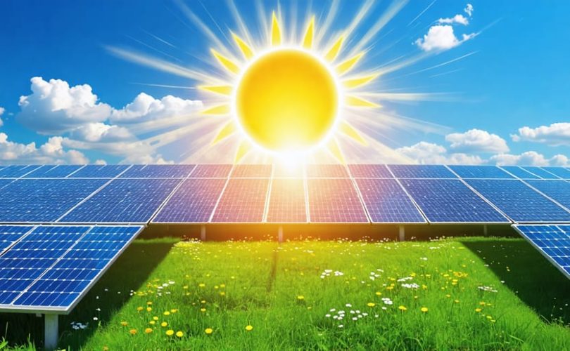 Illustration depicting the transition from solar radiation to photovoltaic cells and an advanced solar PV system connected to the grid.
