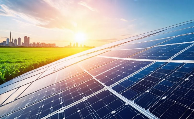 A modern solar panel array with mono-PERC cells under a bright, sunny sky, representing advanced solar technology and sustainable energy solutions.