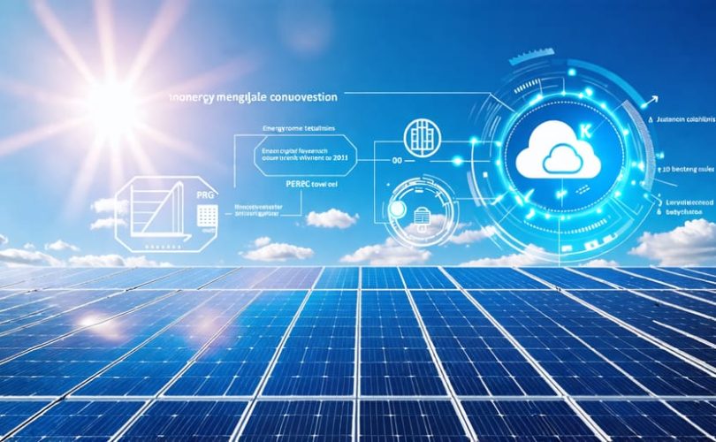"Illustration of a high-tech monocrystalline solar panel array capturing sunlight with infographic elements highlighting efficiency features such as PERC technology and bifacial cells."
