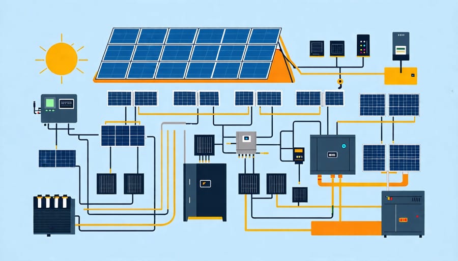 Diagram of a complete solar PV system with modules, inverters, and storage