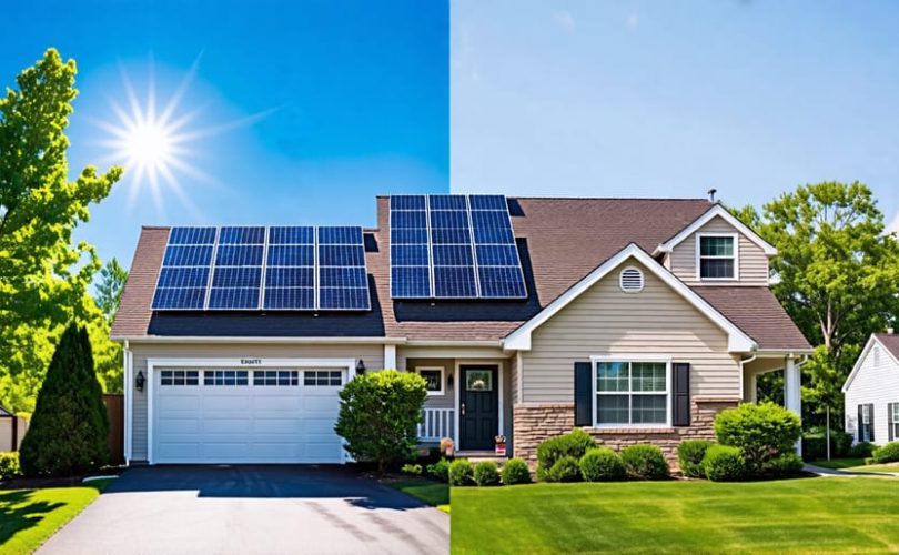 Side-by-side comparison of a house roof with solar shingles on one side and traditional solar panels on the other under a sunny sky, illustrating the differences in aesthetics and integration.