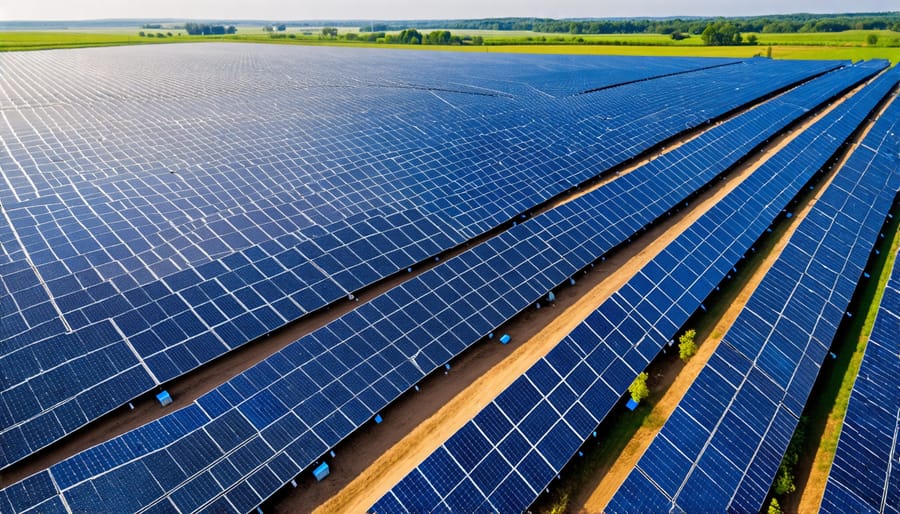 Bird's eye view of a utility-scale solar power plant equipped with mono-perc panels