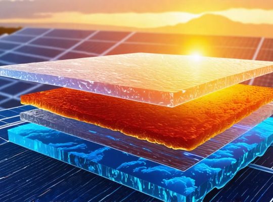 Conceptual illustration showing the layered structure of 2D perovskite in a solar cell, highlighting its potential for efficient solar energy conversion and sustainable impact.