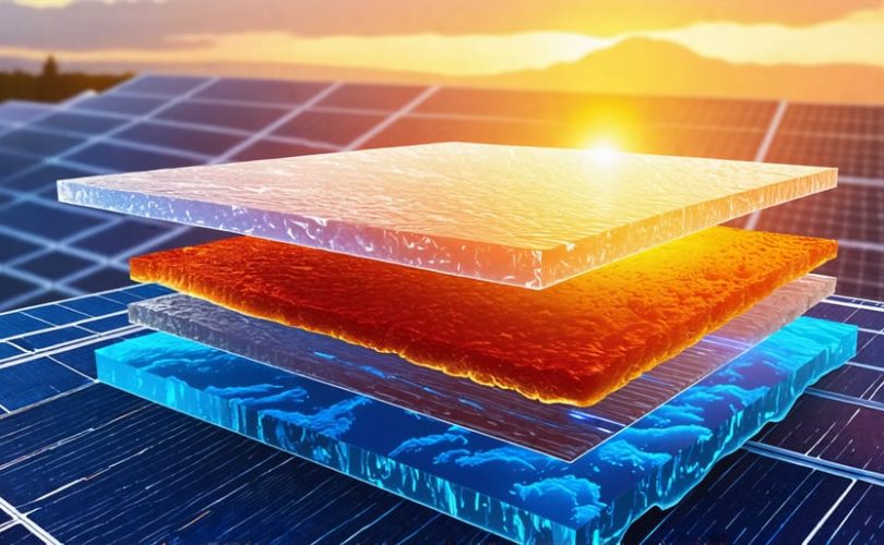 Conceptual illustration showing the layered structure of 2D perovskite in a solar cell, highlighting its potential for efficient solar energy conversion and sustainable impact.