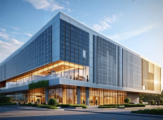 Modern architectural design with transparent photovoltaic panels integrated into the facade and roof, representing the harmony of sustainability and aesthetics.