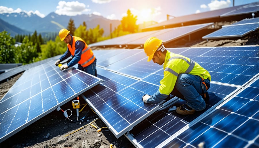 Recycling facility workers dismantling solar panels for material recovery