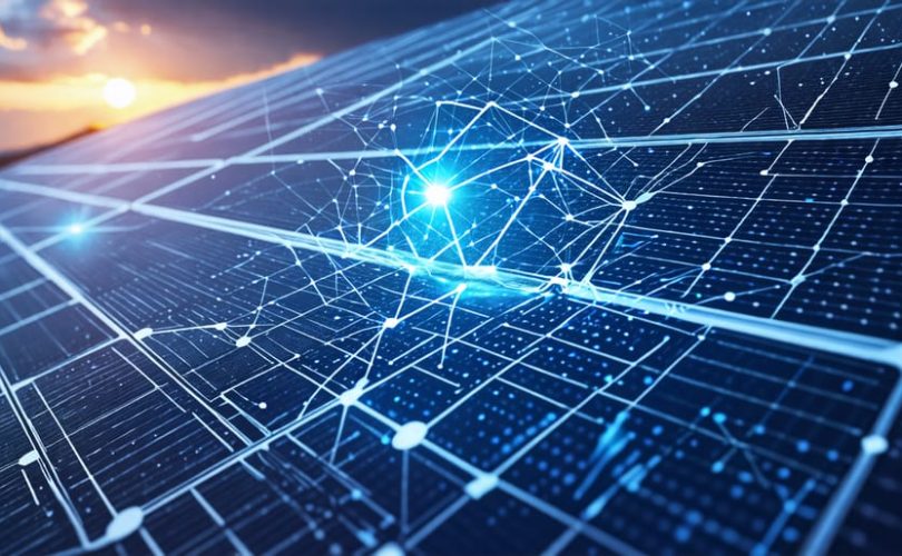 Futuristic illustration showing a solar panel integrated with digital networks, symbolizing the protection and enhancement of cyber-physical systems in renewable energy.