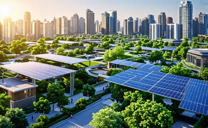 Illustrative scene of a futuristic city integrated with advanced solar panels, including bifacial and perovskite technologies, demonstrating the revolution in renewable urban energy design.