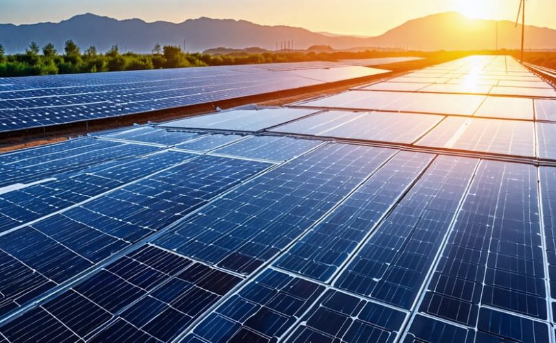 Artistic representation of a futuristic landscape powered by monocrystalline PERC solar cells, featuring integrated solar panels in both rural and urban settings, symbolizing the future of clean energy.