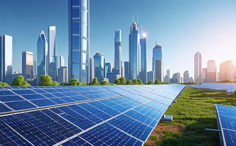 A futuristic city skyline with integrated solar panels on buildings, illustrating the long-term reliability and sustainability of solar energy in urban environments.