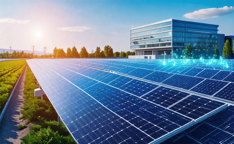 A modern solar farm showcasing bifacial and perovskite solar panels, with AI-driven data analytics and research university collaborations in the background.