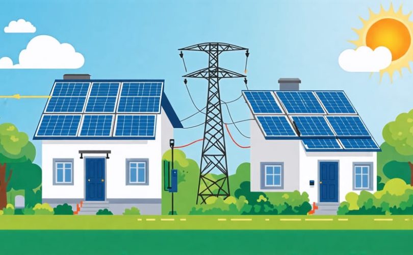 Illustration showcasing the integration of solar panels, inverters, and metering devices in a grid-tied solar system, highlighting the energy flow and sustainable benefits.