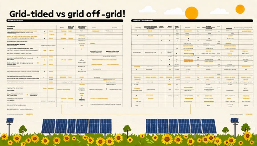 Comparison chart highlighting the differences between grid-tied and off-grid solar systems