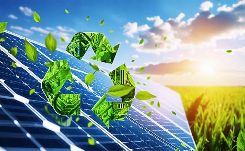 Solar panel surrounded by symbols of sustainability, including recycling arrows and green leaves, with circuit patterns representing technological innovation.