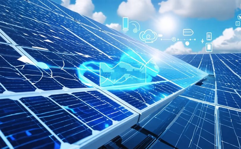 A futuristic solar panel array with digital data streams and graphs overlaying the panels, symbolizing advanced PV monitoring systems for optimized performance and efficiency.