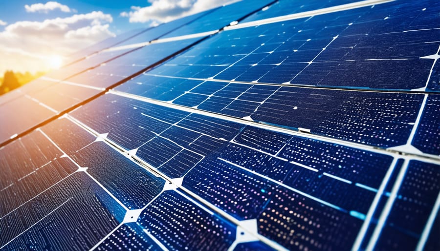 Detailed view of a monocrystalline PERC solar cell's surface.