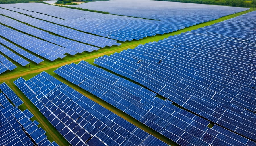 Bird's eye view of a solar farm with monocrystalline PERC panels in operation.