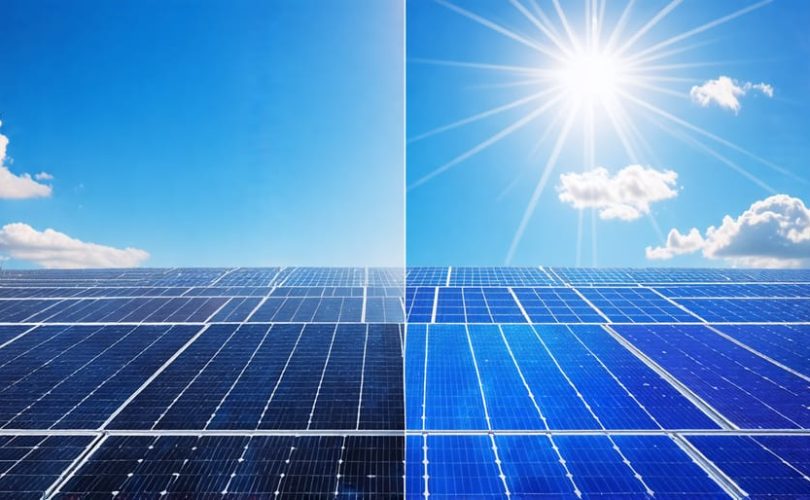 Comparison of monocrystalline and polycrystalline solar panels showing their distinct color and crystalline structure with a backdrop of a solar farm under the sun