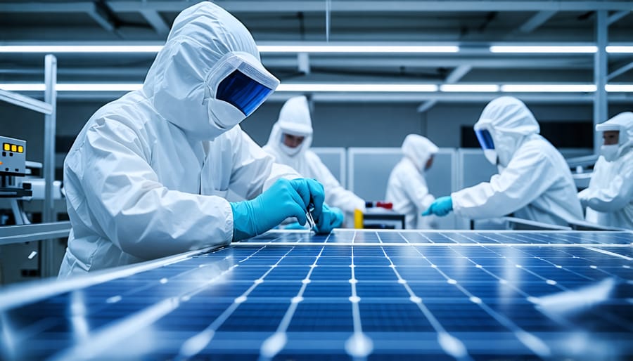 Technicians in protective gear fabricating photovoltaic cells in a high-tech manufacturing facility
