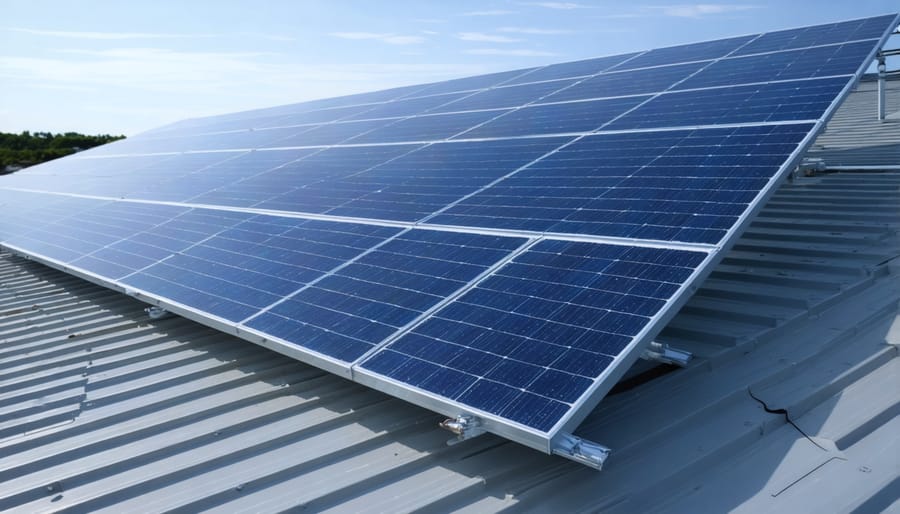 Rooftop solar PV installation showcasing mounting system, wiring, and protection components