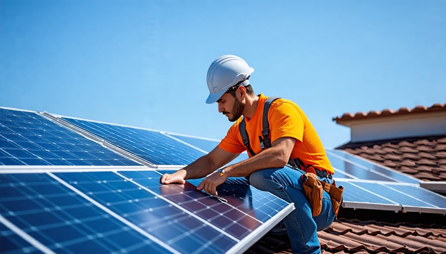 A technician evaluating a rooftop for solar panel installation, considering sunlight exposure and roof condition
