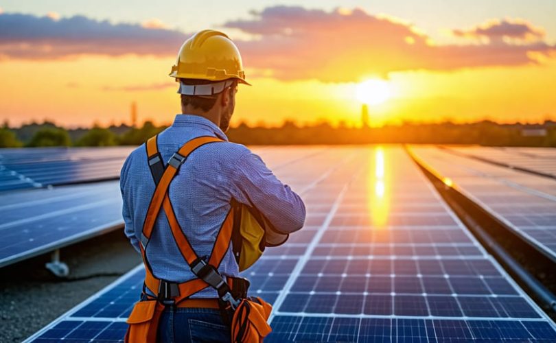 A solar worker in full safety gear checking solar panels on a rooftop with a sunset in the background, representing safety in the solar industry.
