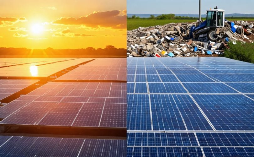 A dual-themed image illustrating the balance between harnessing solar energy and the challenges of solar panel waste disposal, highlighting sustainable energy and recycling efforts.