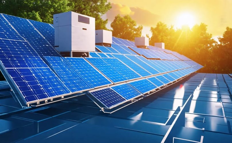 Conceptual illustration showing solar panels converting sunlight into electricity, connected to a battery for energy storage, symbolizing the collaboration between technology and education.