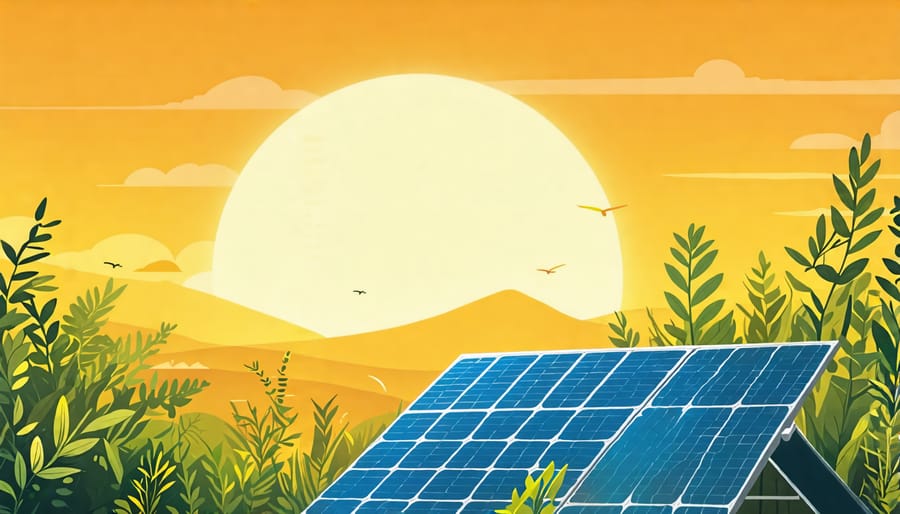 Illustration of solar panels reducing carbon emissions, with Earth and green icons symbolizing environmental benefits