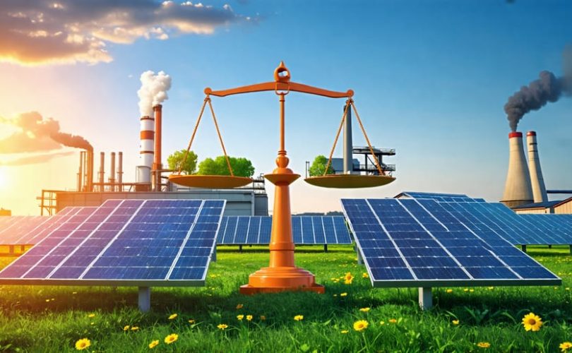 A balanced scale illustrating the environmental impact of solar panel manufacturing, with solar panels on one side and pollution and raw materials on the other.