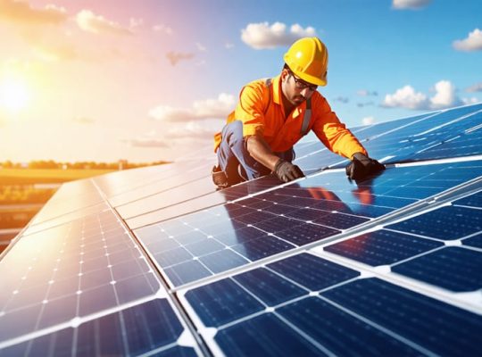 Illustration of a technician maintaining cutting-edge monocrystalline and bifacial solar panels under a bright sky, representing advanced photovoltaic technology and enhanced efficiency.