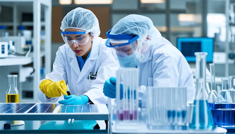 Researchers developing environmentally friendly solar panel innovations in a laboratory