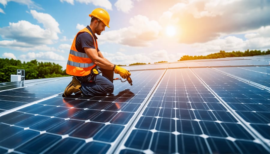 Professionals installing solar panels on a commercial building, highlighting job creation benefits