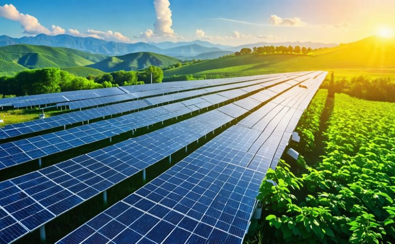 An artistic representation of a solar panel factory illuminated by sunlight, showing the dual nature of solar energy's long-term benefits and the environmental impact of panel production, with a visual balance of industrial landscape and green, sustainable future.