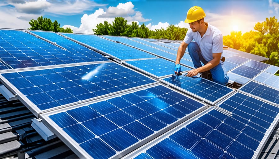 Technician inspecting solar panels on a rooftop for quality assurance