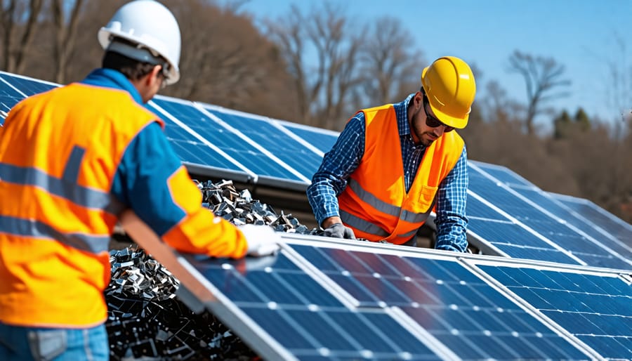 Employees dismantling solar panels and separating glass, metal, and silicon components