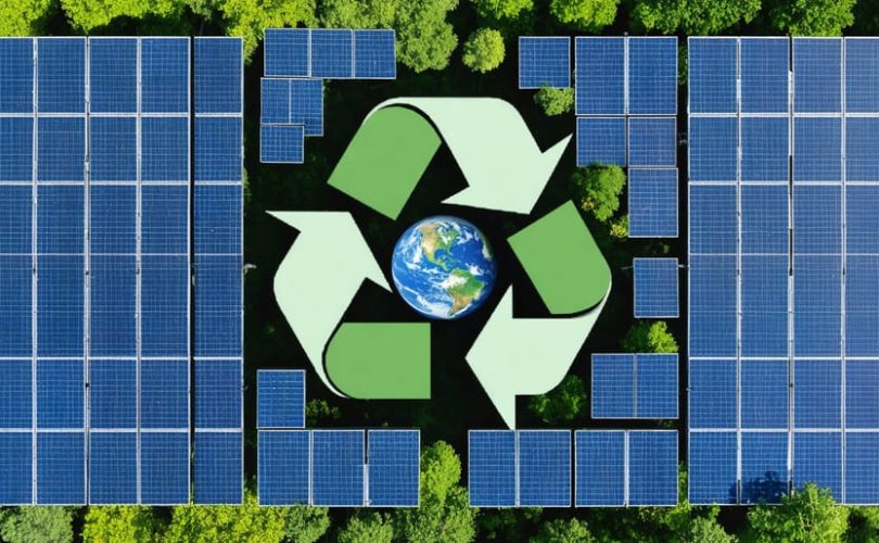Conceptual representation of solar panels transitioning into a recycling symbol, symbolizing innovations in recycling and a circular economy for sustainable solar energy.