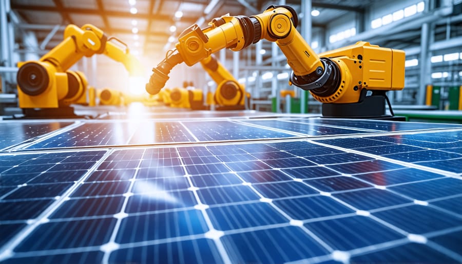 Automated robotic assembly of photovoltaic solar panels in a manufacturing facility