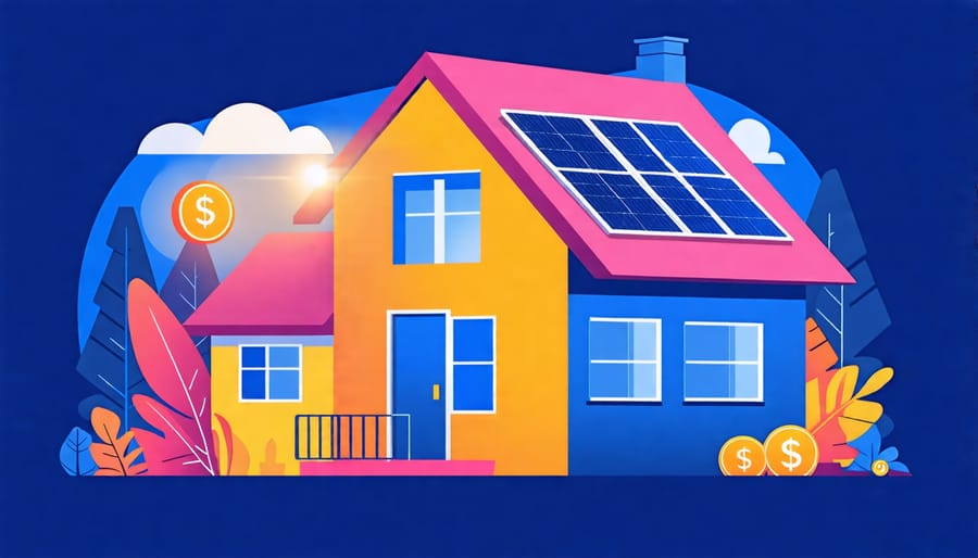 A suburban home showcasing solar panels on the roof with graphics depicting reduced energy costs