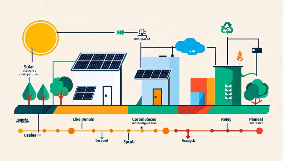 Lifecycle of solar panels including production, use, and recycling stages