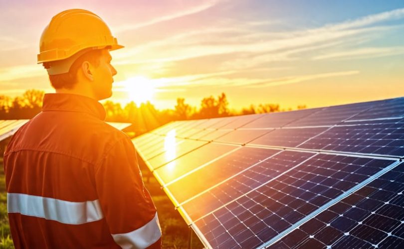 "A solar PV professional holding a certification badge, standing confidently in front of a vast solar farm at sunrise, signifying a bright and sustainable future in solar energy."