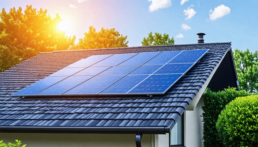 Solar tiles and roof shingles installed on a modern residential rooftop