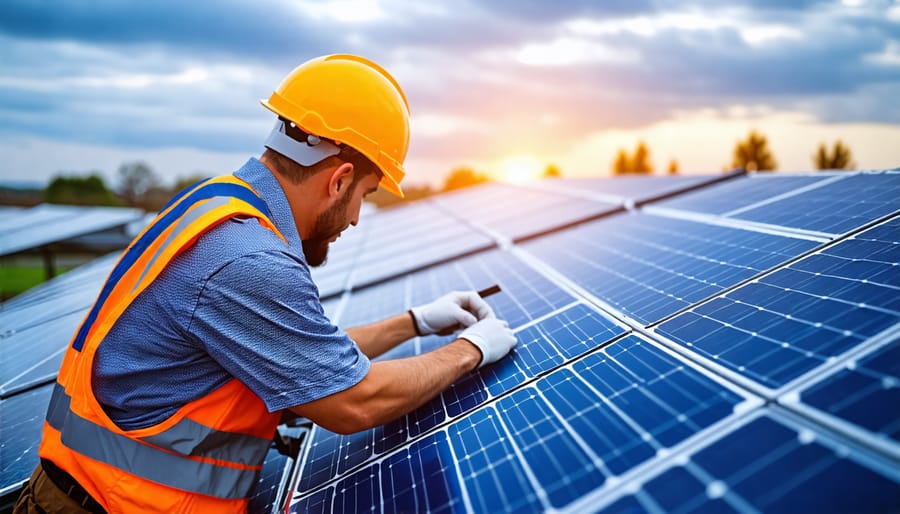 A solar worker in protective gear inspecting solar panels on a rooftop