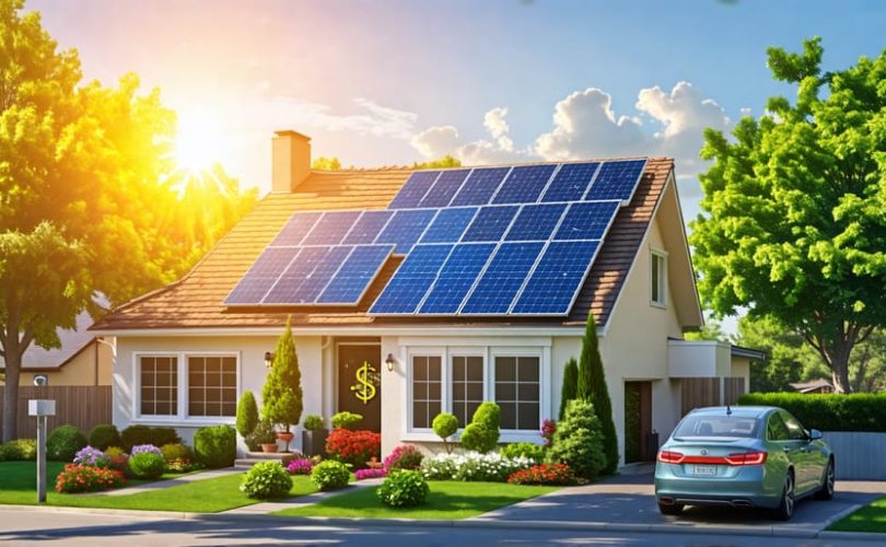 "A suburban home with solar panels installed on the roof, illuminated by sunlight, accompanied by digital icons showing reduced costs and environmental impact."
