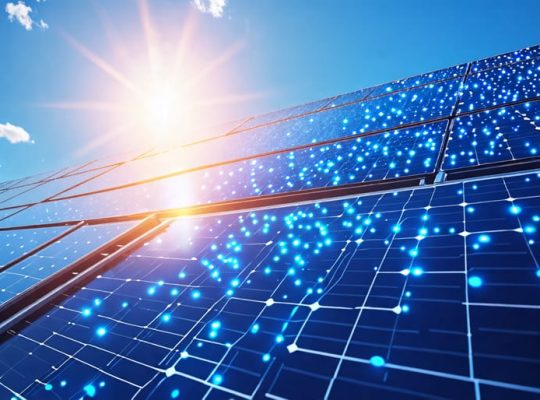 A visually appealing portrayal of a solar panel enhanced with glowing graphene dots, capturing sunlight against a bright sky, symbolizing the innovative integration of photovoltaic graphene dots in solar energy technology.