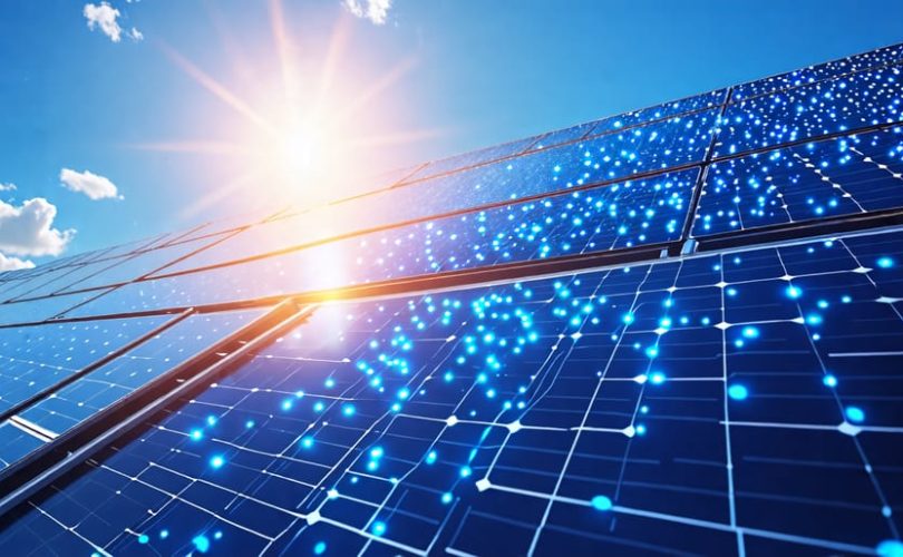 A visually appealing portrayal of a solar panel enhanced with glowing graphene dots, capturing sunlight against a bright sky, symbolizing the innovative integration of photovoltaic graphene dots in solar energy technology.