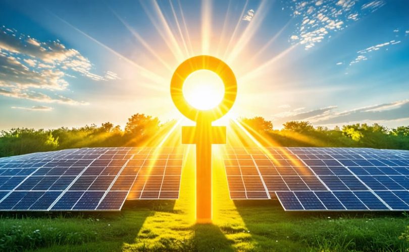 Conceptual illustration of a sun's rays transforming into photovoltaic cells shaped like a key, symbolizing the role of solar energy in building a sustainable future.