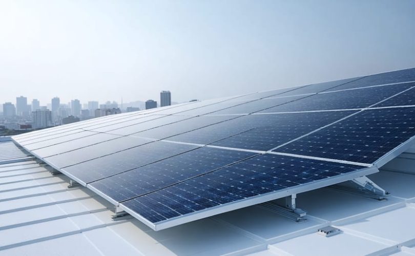 Illustration of a rooftop with bifacial solar panels capturing sunlight and reflections on both sides, depicting the advanced technology for enhanced energy production.