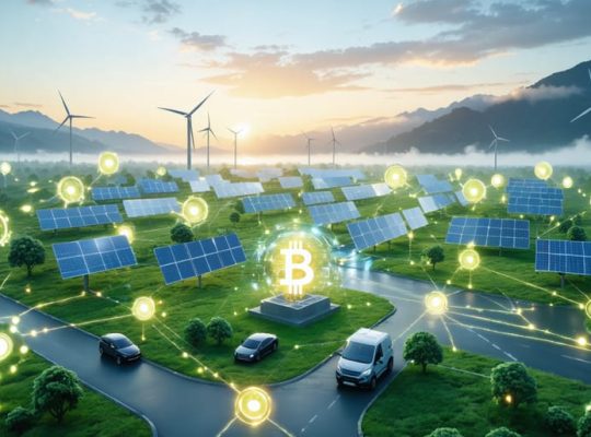 Illustration depicting a futuristic energy landscape interlinked by blockchain, showcasing solar panels, wind turbines, and electric vehicles participating in peer-to-peer energy trading.