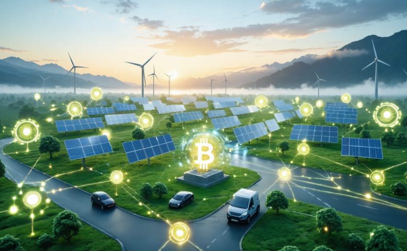 Illustration depicting a futuristic energy landscape interlinked by blockchain, showcasing solar panels, wind turbines, and electric vehicles participating in peer-to-peer energy trading.